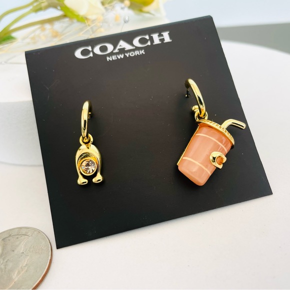 Coach Gold Tone Signature Cup Mismatch Hoop Drop Dangle Charm Earrings - Picture 3 of 4